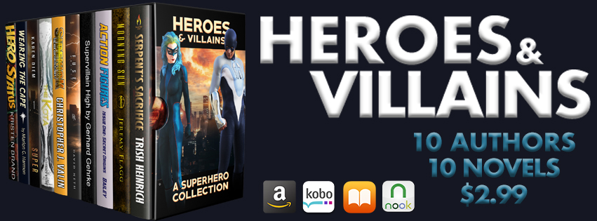 An image of the cool Heroes & Villains collection as a box set and the logos of the stores that love it